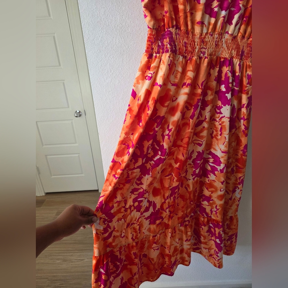 Orange and Pink Floral Midi Dress - Picture 6 of 8
